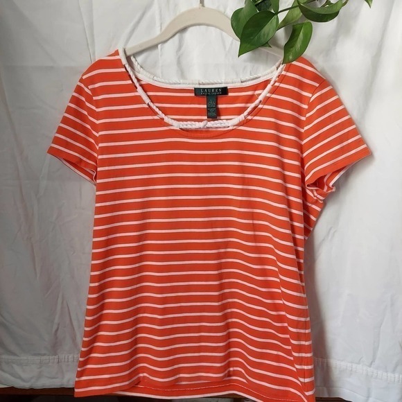Lauren Ralph Lauren Orange/White Stripped T with Rope Detail, Size L - Picture 1 of 4